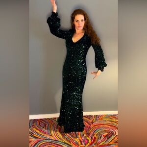 Emerald Green Sequined Badgley Mischka Ball Gown